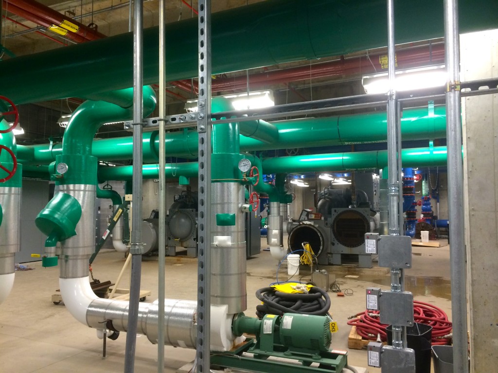 This room of green, Super Mario style pipes is the heart of the chilled water cooling system. The Data Center also has a massive, underground water tank in case the city water line were to be cut.