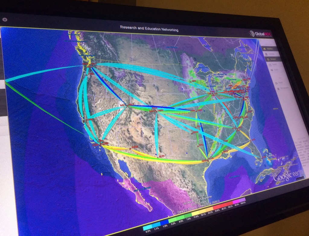 Here's one of the neat data visualization tools they had in the main lobby, showing the Internet2 academic fiber backbone. The colors represent percentages of each 